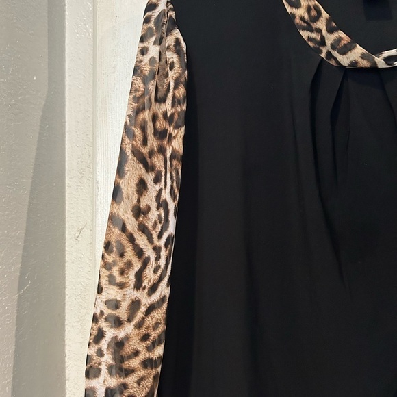 NWOT Adele & May Black Top with Leopard Chiffon long Sleeves and Tie. - Picture 3 of 5